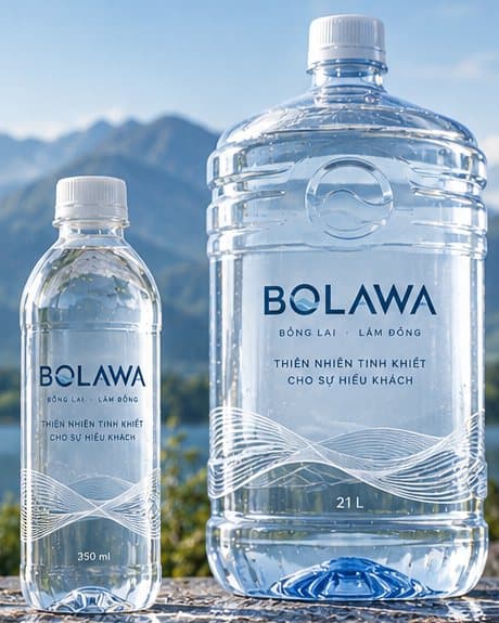 Chai nước BOLAWA 350ml và 21L trên nền núi Bồng Lai